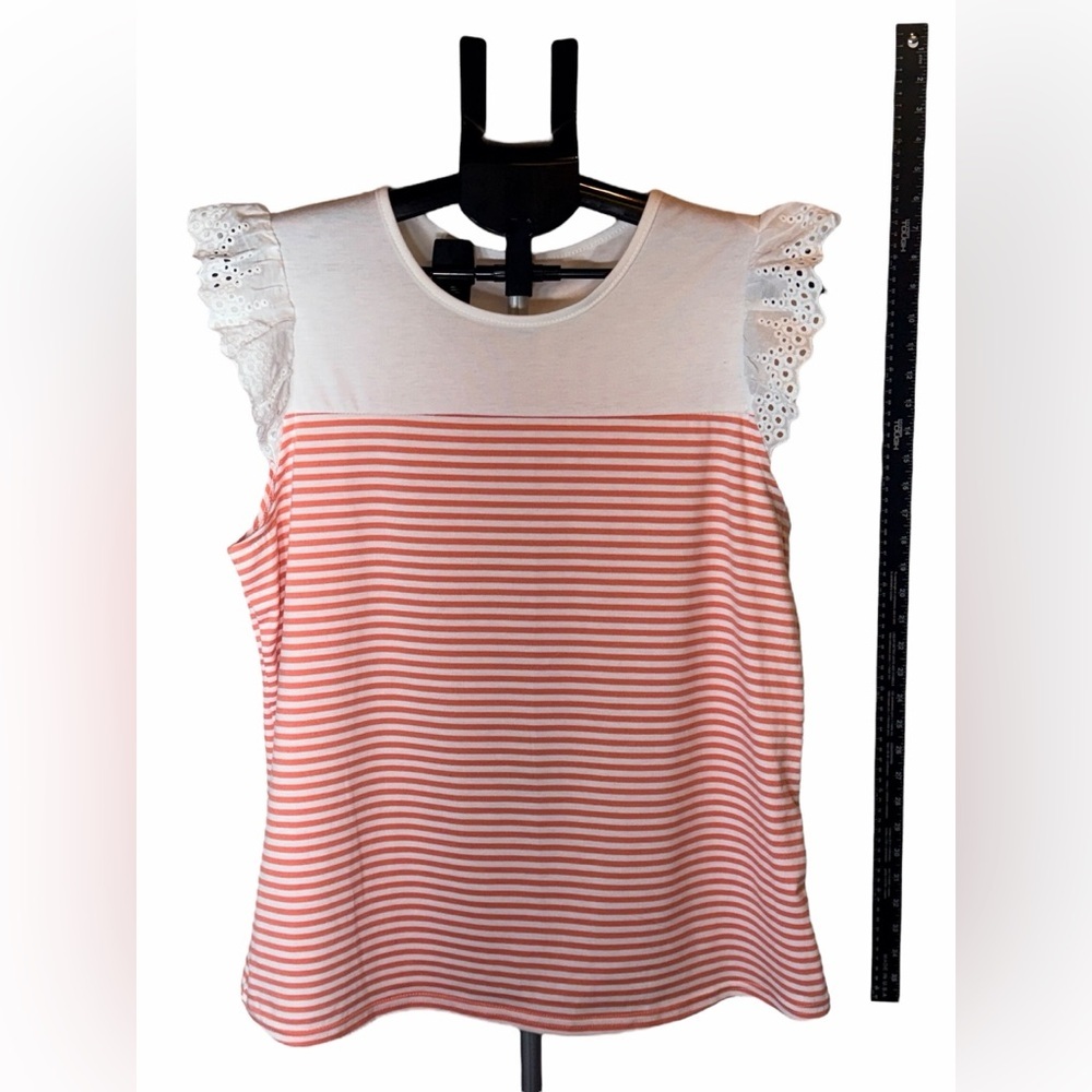 Elegant White and Pink Striped Blouse with Lace Accents XL